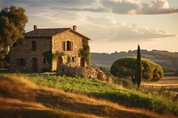 Fototapeta premium Traditional tuscan stone villa standing on a sunny hillside overlooking rolling vineyards and fields, capturing the rustic beauty and peaceful charm of the italian countryside at sunset