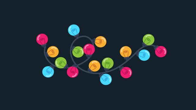 Brightly colored string lights with swirling filaments on a dark, minimalistic background