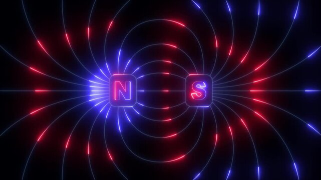 glowing neon magnetic field lines icon isolated on black background. Magnetic flux pattern around north and south poles. electromagnet physics education of science. psychic force or magnet attraction.