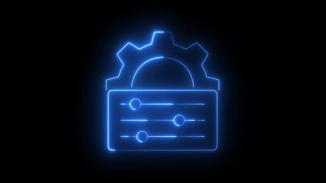 glowing neon Configuration and customization icon isolated on black background. Gear with sliders representing control panel sliders, technical settings control, adjustment, dashboard interface symbol
