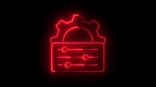glowing neon Configuration and customization icon isolated on black background. Gear with sliders representing control panel sliders, technical settings control, adjustment, dashboard interface symbol