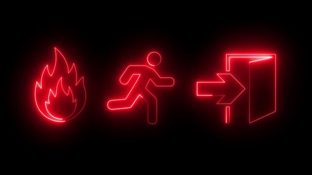 glowing Neon Emergency Exit Sign icon isolated on black background. Fire emergency exit sign with flame, running person doorway symbol, bold EXIT text, safety arrow direction, evacuation guidance.