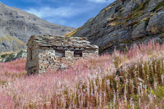 Ruins in the mountains in the ancient french alpine village  in meadow with mountain background under blue sky, Savoie