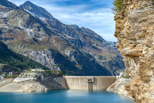 view on lake of a dam in the mountain landscape, lac of chevril in French Alps, Tignes, Savoie, France, Europe