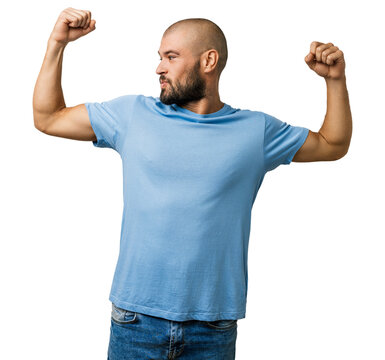 Man caucasian beard young t shirt blue arms muscle muscles fitness fit concept smiling studio portrait - proud bearded male flexing biceps, strong, healthy, confident lifestyle and training