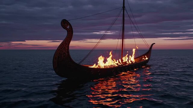 Burning longship drifts across deep ocean water at dusk. Historical vessel engulfed in bright flames creates radiant reflections on dark sea surface while quiet somber atmosphere prevails.