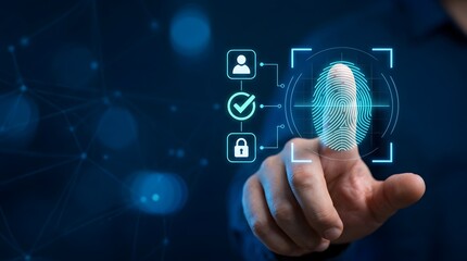Obraz premium Biometric fingerprint scanner for identity verification and secure access control on futuristic digital interface