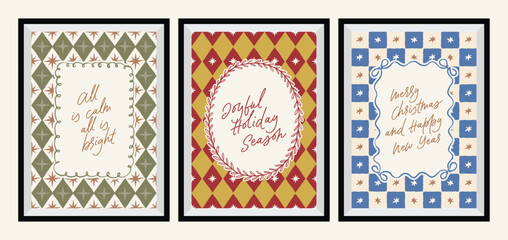 Christmas greeting cards with whimsical holiday ornaments and lettering © DesignThatMatters