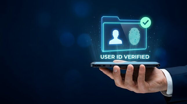 Mobile biometric authentication system displaying user ID verified status with digital fingerprint and security folder hologram