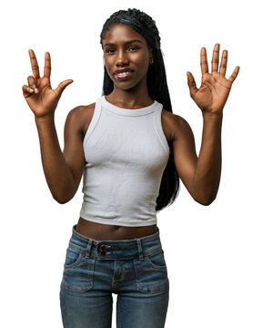 Young african american woman in casual clothes showing number eight with fingers pointing up, happy and smiling in studio