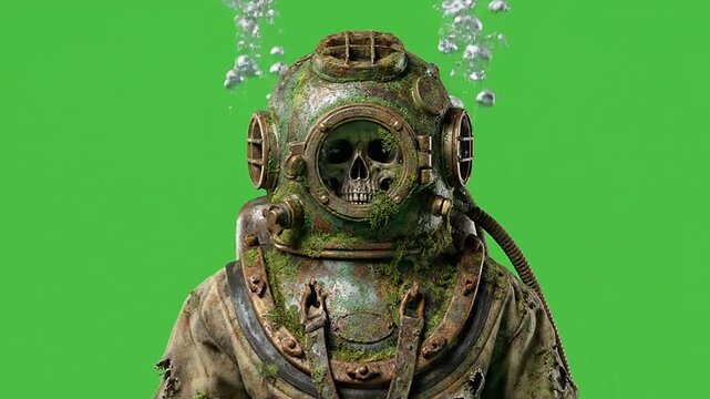 Halloween zombie skeleton in vintage diving suit on green screen