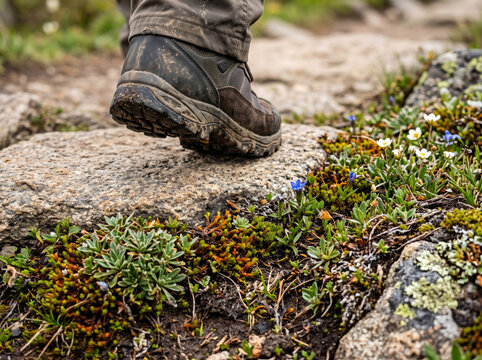 Hiker Trekking Boot Stepping On Mountain Rock With Alpine Flora
