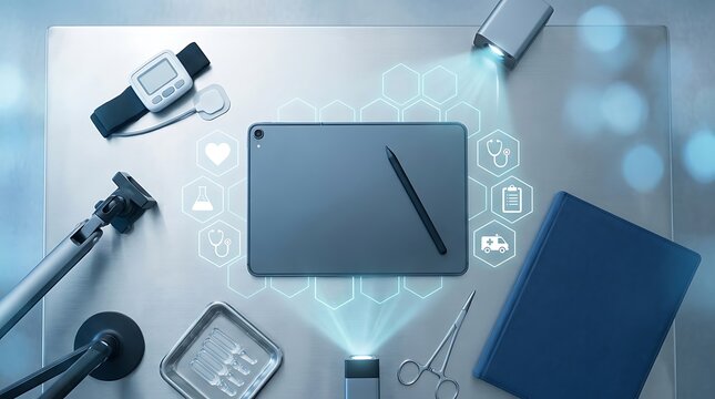Modern healthcare technology concept featuring a digital tablet with stylus and holographic medical icons on a clinical metal table with surgical tools and a blood pressure monitor device.