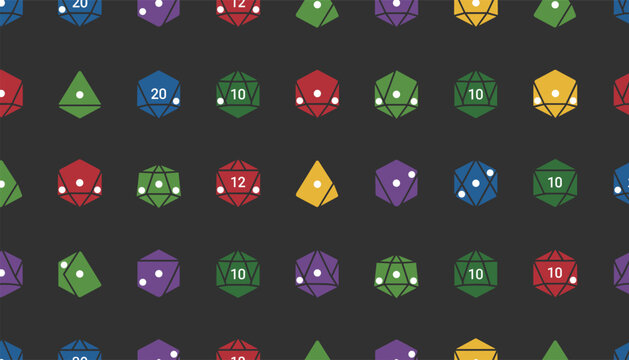 Seamless pattern of various colorful polyhedral role-playing dice scattered on a dark charcoal gray background.