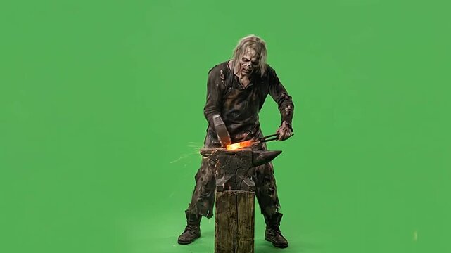 Halloween zombie blacksmith hammering glowing metal on green screen
