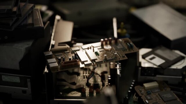 A close up view reveals a cluster of vintage electronic circuit boards and components scattered on a workbench, showcasing the beauty of technology in a creative workspace filled with memories.