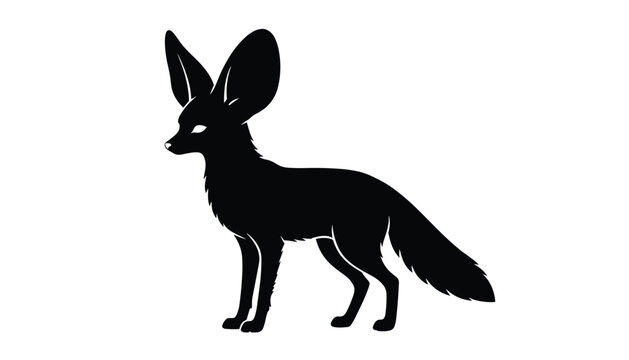 Elegant black silhouette of a fennec fox characterized by its large ears standing alert on a white background.