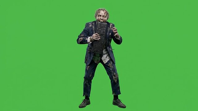 Scary halloween zombie businessman biting keyboard on green screen