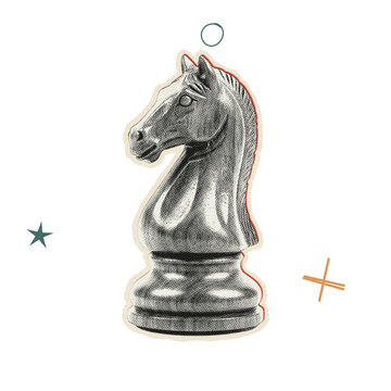 Classic knight chess piece depicted as a stylish halftone sticker with vintage comic book art aesthetics