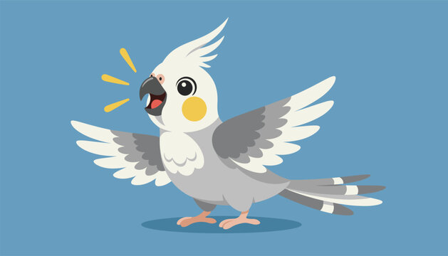 Cute grey cockatiel parrot flying with open wings and singing happily against a solid blue background illustration.