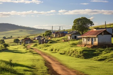 Fototapeta premium Rural village houses dotting rolling green hillsides. A dirt road winding through the landscape under clear blue skies. Capturing the essence of simple living and community in the african countryside