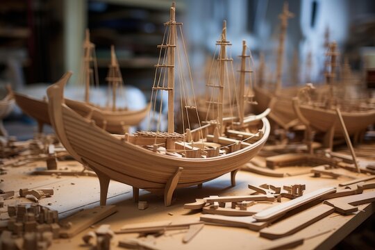 Wooden model ships in various stages of completion resting on a dusty workbench, showcasing meticulous craftsmanship, intricate details, and the dedicated process of model building