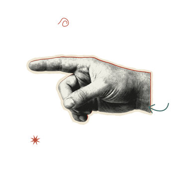 Vintage style halftone hand graphic pointing to the side for design projects and creative editorial layouts