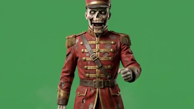 Scary halloween zombie soldier walking on green screen
