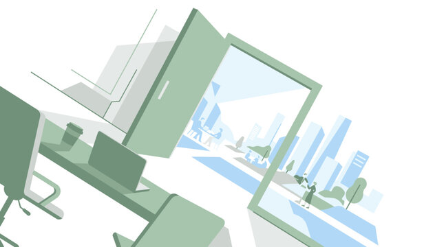 Stylized illustration of a modern office interior featuring a desk, chair, and open door revealing a cityscape with skyscrapers and trees.