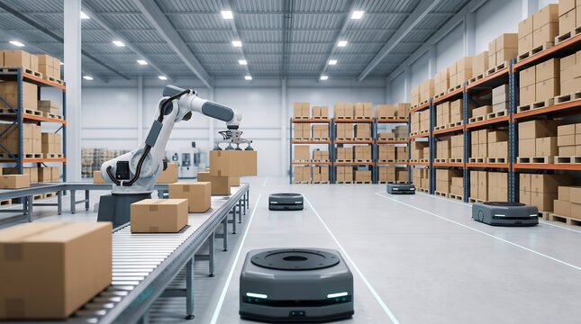 Automated distribution center featuring robotic arm on conveyor belt and autonomous mobile robots moving along floor lines in large warehouse with high storage shelves for logistics and supply chain