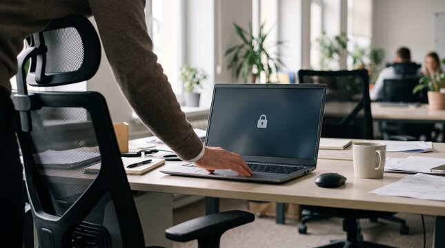 Office worker locks laptop screen for security and privacy protection