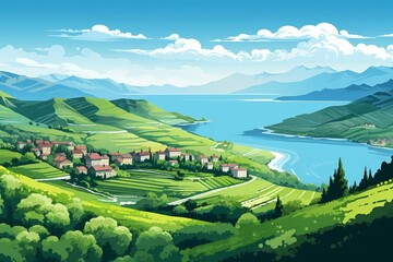 Fototapeta premium Picturesque village with traditional buildings dotted across vibrant green terraced landscapes, leading down to a tranquil blue sea with a mountainous backdrop