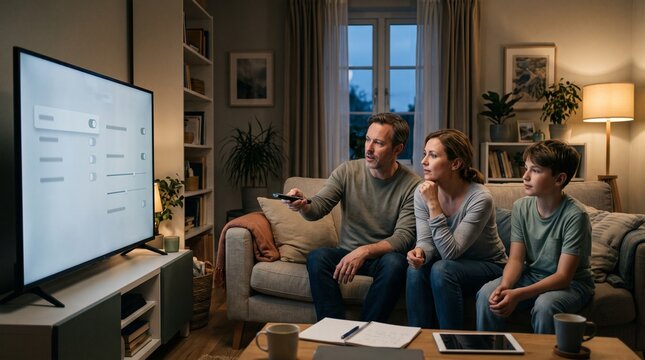 Family watching television together in a cozy living room