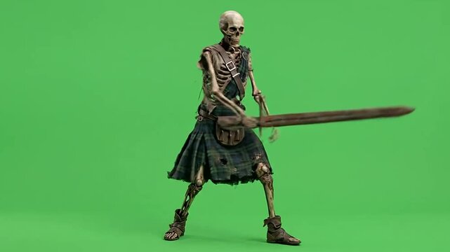 Halloween zombie skeleton warrior with sword on green screen