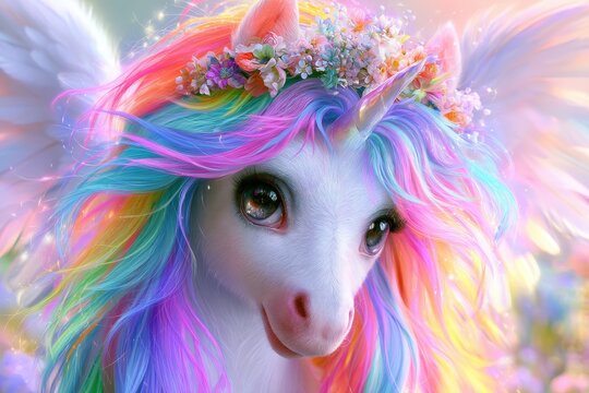Photorealistic fantasy unicorn portrait with rainbow mane, flower crown, and soft glow