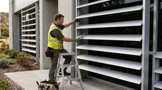 Worker performs maintenance adjusting building louvers with a level tool