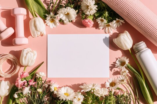 Pink flat lay with spring flowers, fitness gear and a blank text card