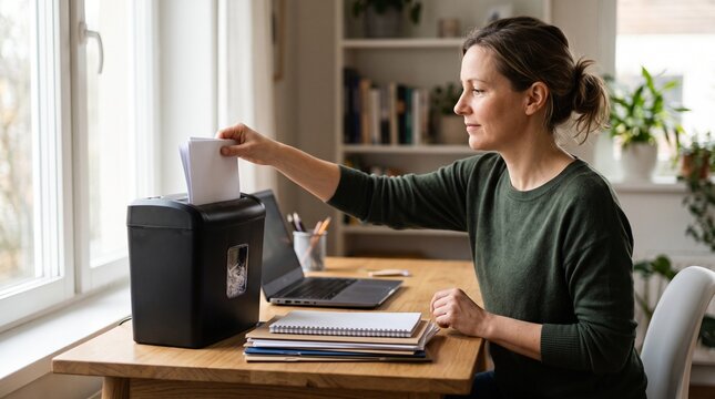 Focused woman shredding documents at a home office desk
