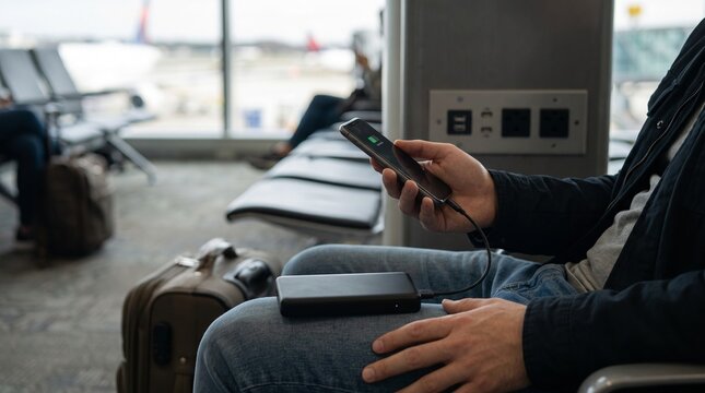 Person charging phone and power bank at airport gate