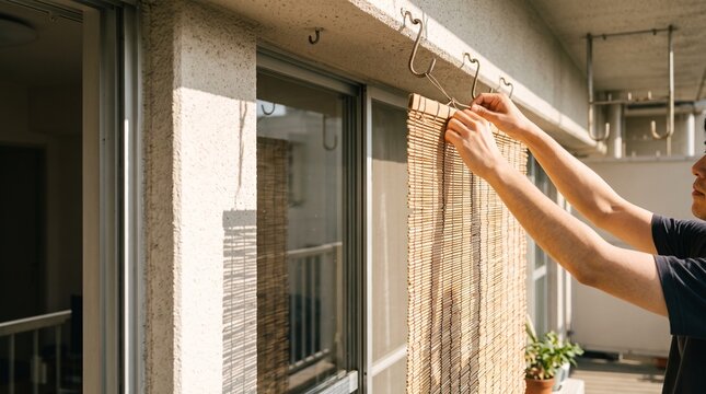 Resident hanging bamboo screen on apartment balcony for shade