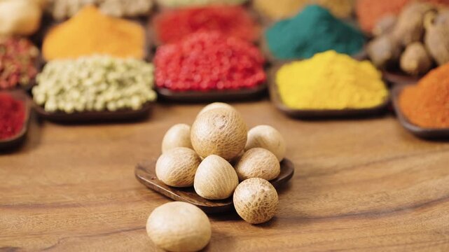 betel nut is the fruit of the areca palm in a square bowl on a wooden table, surrounded by various spices and herbs.