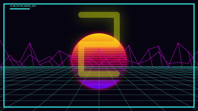 Retro synthwave countdown timer animation with neon graphics.