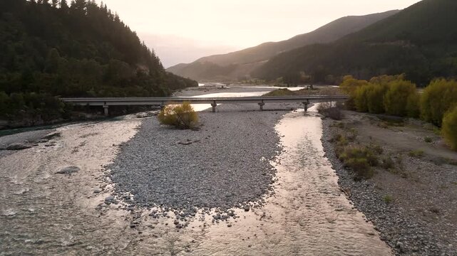 Drone Over Wash Bridge and Wairau River at Sunset Marlborough
