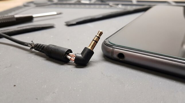 Smartphone with a headphone jack and audio cable on a workspace  