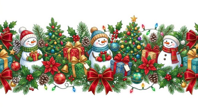 Festive Christmas Border with Cute Snowmen, Decorated Trees, Gift Boxes, and Poinsettias on White Background