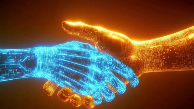 A hand made of glowing circuits extends outward against a dark background in a digital display