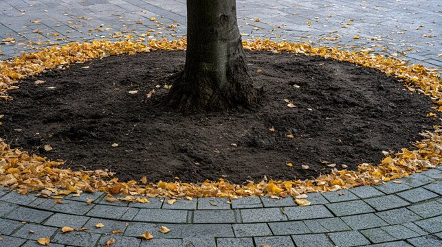 A freshly cleared circular tree bed surrounded by modern paving creates a clean autumn weeding background with dark soil, exposed trunk texture, and a thin ring of golden leaves