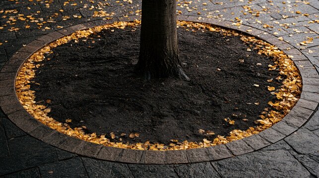 A freshly cleared circular tree bed surrounded by modern paving creates a clean autumn weeding background with dark soil, exposed trunk texture, and a thin ring of golden leaves