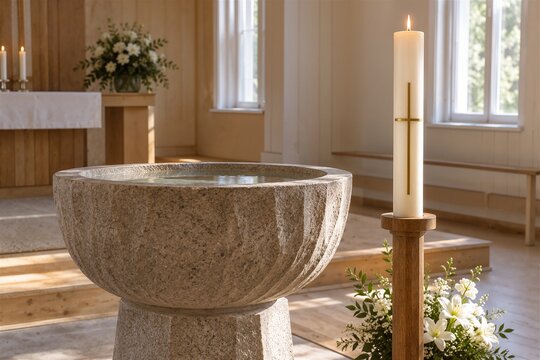 Baptism font with water and paschal candle in serene church environment. Baptism setup includes beautifully arranged altar and flowers, creating a peaceful atmosphere for sacred ceremonies.