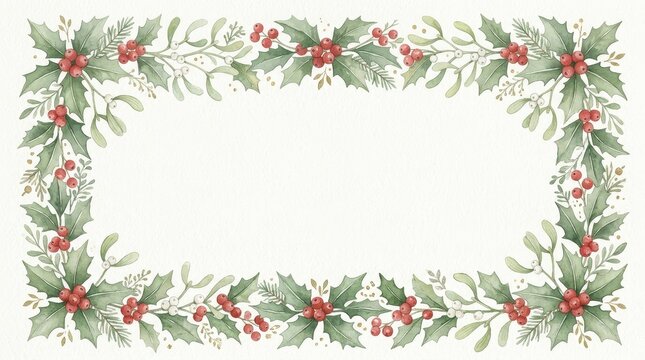 Watercolor Christmas Frame with Holly Leaves and Red Berries for Holiday Greeting Cards and Invitations